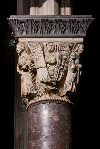 , Genoa, Duomo (St. Lawrence Cathedral), inside, the nave, left matroneum, lower order: "Capital with the symbols of the Evangelists - Side of St. Mark", (1307) by Campionese sculptor  known as Master of the Angels of the Cathedral.