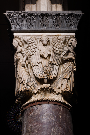 , Genoa, Duomo (St. Lawrence Cathedral), inside, the nave, left matroneum, lower order: "Capital with the symbols of the Evangelists - Side of St. Luke", (1307) by Campionese sculptor  known as Master of the Angels of the Cathedral.