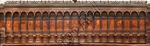 , Genoa, Duomo (St. Lawrence Cathedral), inside,  presbitery, apse, choir: "the wood intarsia of the apse portion". Work by  Gian Michele De' Pantaleoni; Anselmo De' Fornari; Giovanni Francesco Zambelli (XVI century).