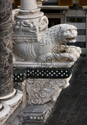 , Genoa, Duomo (St. Lawrence Cathedral), the façade, right portion: detail of the "base of a column with Samson slaying a lion, climbing animal, dog attacking a boar; a column bearing lion and corbel with the Angel of St. Matthew", by workshop of Benedetto Antelami and Master of the Ark of the Baptist, about 1200.