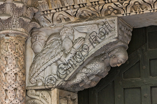 Genova, Duomo (Cattedrale di S. Lorenzo), lato sud, portale di San Gottardo (1155 - 1160),  stipite di sinistra, mensola: “Giacobbe benedetto dall’Angelo o Annuncio ai pastori”,  di  “primo maestro” e “secondo maestro” del portale di S Gottardo. 