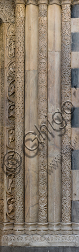 , Genoa, Duomo (St. Lawrence Cathedral), South side, the doorway of St. Gotthard (1155 - 1160): right clustered column and jams, by “First Master” and “First Helper”, “Second Master” and “Second Helper” and “Third Helper” of the doorway of St. Gotthard.