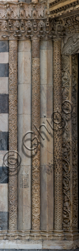 , Genoa, Duomo (St. Lawrence Cathedral), South side, the doorway of St. Gotthard (1155 - 1160): left clustered column and jams, by “First Master” and “First Helper”, “Second Master” and “Second Helper” and “Third Helper” of the doorway of St. Gotthard.