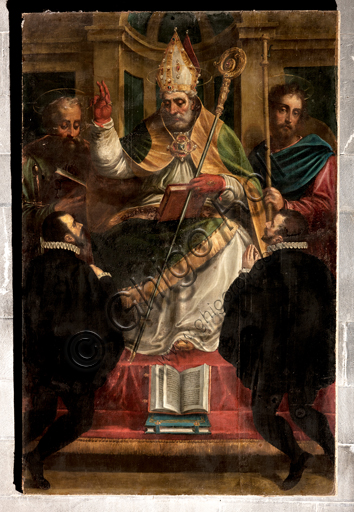 , Genoa, Duomo (St. Lawrence Cathedral): "St. Gotthard between St. Paul and St. James and two kneeling devotees" (1571), by Luca Cambiaso (with repaintings by Carlo Giuseppe Ratti).