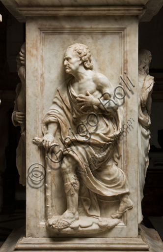 Genoa, Duomo (St. Lawrence Cathedral), Chapel of St. John the Baptist, canopy of the altar: pillar with the figure of a Prophet, marble sculpture by Guglielmo Della Porta, 1531-1537.