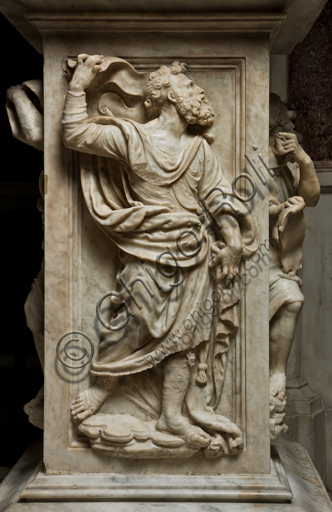 Genoa, Duomo (St. Lawrence Cathedral), Chapel of St. John the Baptist, canopy of the altar: pillar with the figure of a Prophet, marble sculpture by Guglielmo Della Porta, 1531-1537.