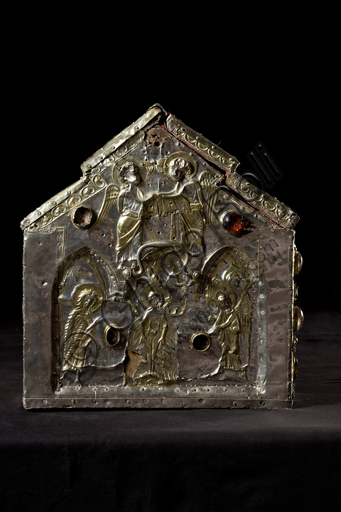   Genoa, Museum of the Treasury of the Cathedral of San Lorenzo: Ark of the Ashes of St. John the Baptist, known as the one of  the Barbarossa. French and Genoa silversmiths; second half of the 12th century; wooden case covered in embossed and chiseled silver sheets, and quartz. The martyrdom scenes are narrated on the front.