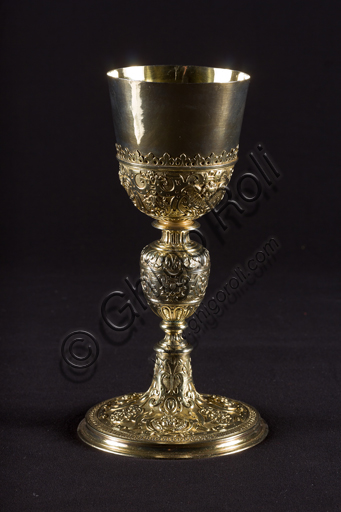   Genoa, Museum of the Treasury of the Cathedral of San Lorenzo: Chalice of the Society of St. Mary in Vestibus Albis; Genoa workshop; 1589;  embossed, chiseled, gilded silver.