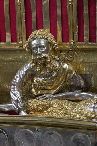   Genoa, Museum of the Treasury of the Cathedral of San Lorenzo: the Ark processional Ash St. John the Baptist. The Ark was commissioned by the Priors Chapel and was built by Teramo Danieli and Simone Caldera, 1438 - 1445, embossed silver, cast, gilt and enamels. The form proposes a Gothic church in miniature, in the central part are the stories of the Precursor: Announcement to Zechariah, Visitation, Birth; Imposition of the name, The Angel leads John in the desert, Preaching, and the Feast of Herod and the Burial. The corners: S. John the Evangelist, St. Matthew, St. George and St. Lawrence.