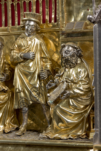   Genoa, Museum of the Treasury of the Cathedral of San Lorenzo: the Ark processional Ash St. John the Baptist. The Ark was commissioned by the Priors Chapel and was built by Teramo Danieli and Simone Caldera, 1438 - 1445, embossed silver, cast, gilt and enamels. The form proposes a Gothic church in miniature, in the central part are the stories of the Precursor: Announcement to Zechariah, Visitation, Birth; Imposition of the name, The Angel leads John in the desert, Preaching, and the Feast of Herod and the Burial. The corners: S. John the Evangelist, St. Matthew, St. George and St. Lawrence.