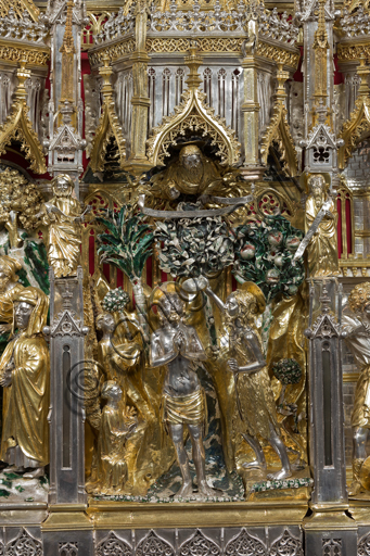   Genoa, Museum of the Treasury of the Cathedral of San Lorenzo: the Ark processional Ash St. John the Baptist. The Ark was commissioned by the Priors Chapel and was built by Teramo Danieli and Simone Caldera, 1438 - 1445, embossed silver, cast, gilt and enamels. The form proposes a Gothic church in miniature, in the central part are the stories of the Precursor: Announcement to Zechariah, Visitation, Birth; Imposition of the name, The Angel leads John in the desert, Preaching, and the Feast of Herod and the Burial. The corners: S. John the Evangelist, St. Matthew, St. George and St. Lawrence.