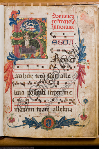 Genova, Museo Diocesano: Graduale N 9, C.1, carta 1 recto con miniatura della Resurrezione. Miniatore ignoto, 1464.