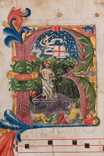 Genova, Museo Diocesano: Graduale N 9, C.1, carta 1 recto con miniatura della Resurrezione. Miniatore ignoto, 1464.Particolare.