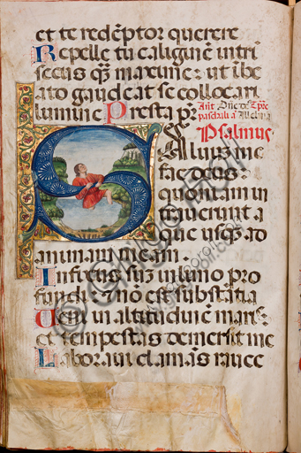 , Genova, the Diocesan Museum: Psalter, membranaceous manuscript by Genoa illuminators, 1485 - 1490. The young man who, in order not to be submerged by water, clings to the letter S (Salvus me fac Deus ...) is probably to be identified with David, the king of Israel to whom the 150 psalms were traditionally attributed of the Psalter.