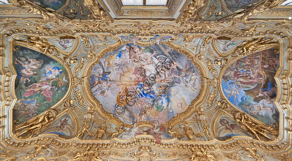 Genoa, Palazzo Carrega-Cataldi (former Palazzo Tobia Pallavicini): the Gallery, with Rococo frescoes by Lorenzo De Ferrari (1740-44). In the vault: the Olympus. In the lunettes: the stories of Aeneas.World Heritage Unesco.
