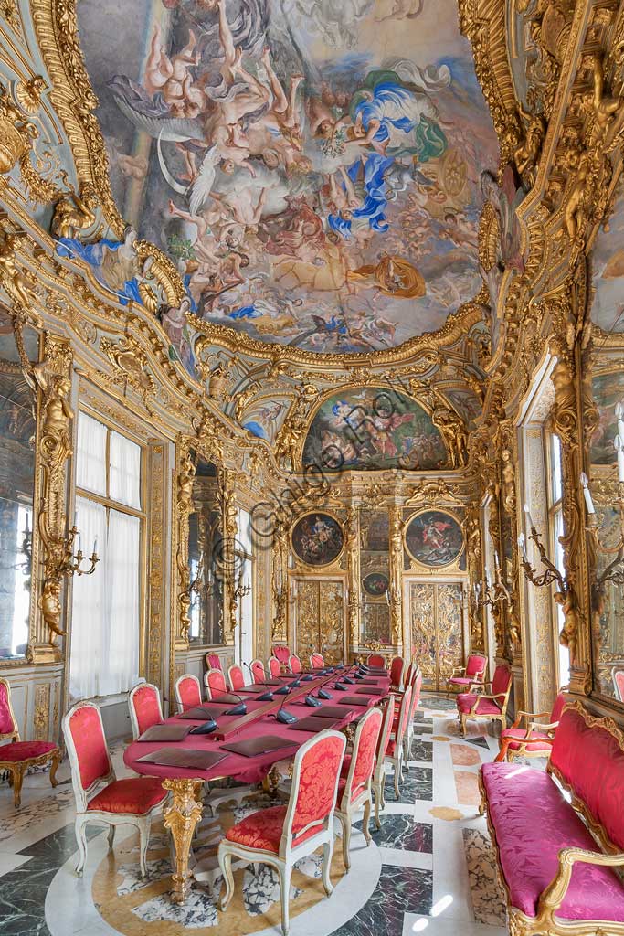 Genoa, Palazzo Carrega-Cataldi (former Palazzo Tobia Pallavicini): the Gallery, with Rococo frescoes by Lorenzo De Ferrari (1740-44). In the vault: the Olympus. In the lunettes and in the tondos: the stories of Aeneas.World Heritage UNESCO.