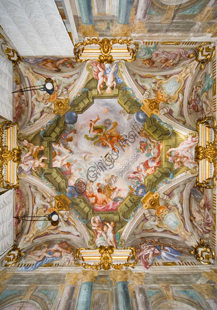 Genoa, Palazzo Rosso (former Palazzo Rodolfo e Francesco Maria Brignole Sale), the Hall of the Winter: the ceiling with the allegory of the Winter,  the cold winds  (Eurus or the Levant, the Bora, the Austro), the Hunting and the Carnival. Fresco by Domenico Piola (1687-8).World Heritage UNESCO.