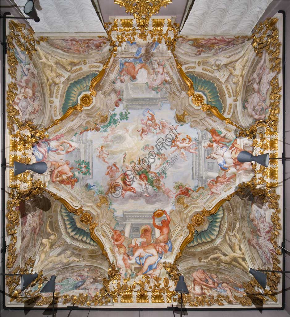 Genoa, Palazzo Rosso (former Palazzo Rodolfo e Francesco Maria Brignole Sale), the Hall of the Autumn: the ceiling with the allegory of the Autumn, Bacchus. Fresco by Domenico Piola (1687-8).World Heritage UNESCO.