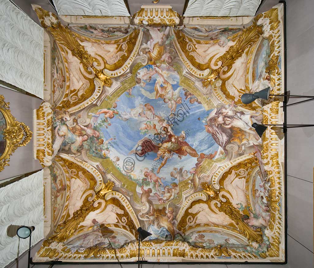 Genoa, Palazzo Rosso (former Palazzo Rodolfo e Francesco Maria Brignole Sale), the Hall of the Spring: the ceiling with the allegory of the Spring, Venus seducing Mars. Fresco by Gregorio De Ferrari e Antonio Maria Haffner (1686 - 87).World Heritage UNESCO.