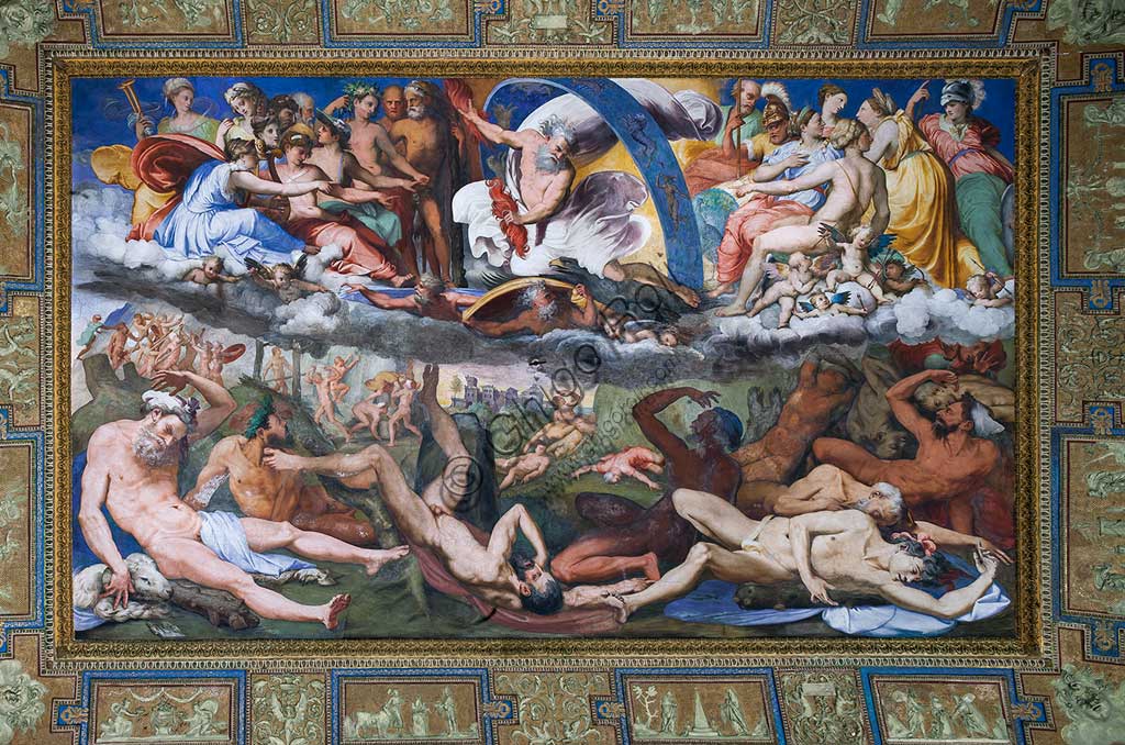 Genoa, Villa del Principe (Palazzo di Andrea Doria), The Hall of Jupiter, the vault:  Zeus striking the rebelling Giants (the Fall of Giants). Fresco by Perin del Vaga (Pietro Bonaccorsi), 1530 - 1533.