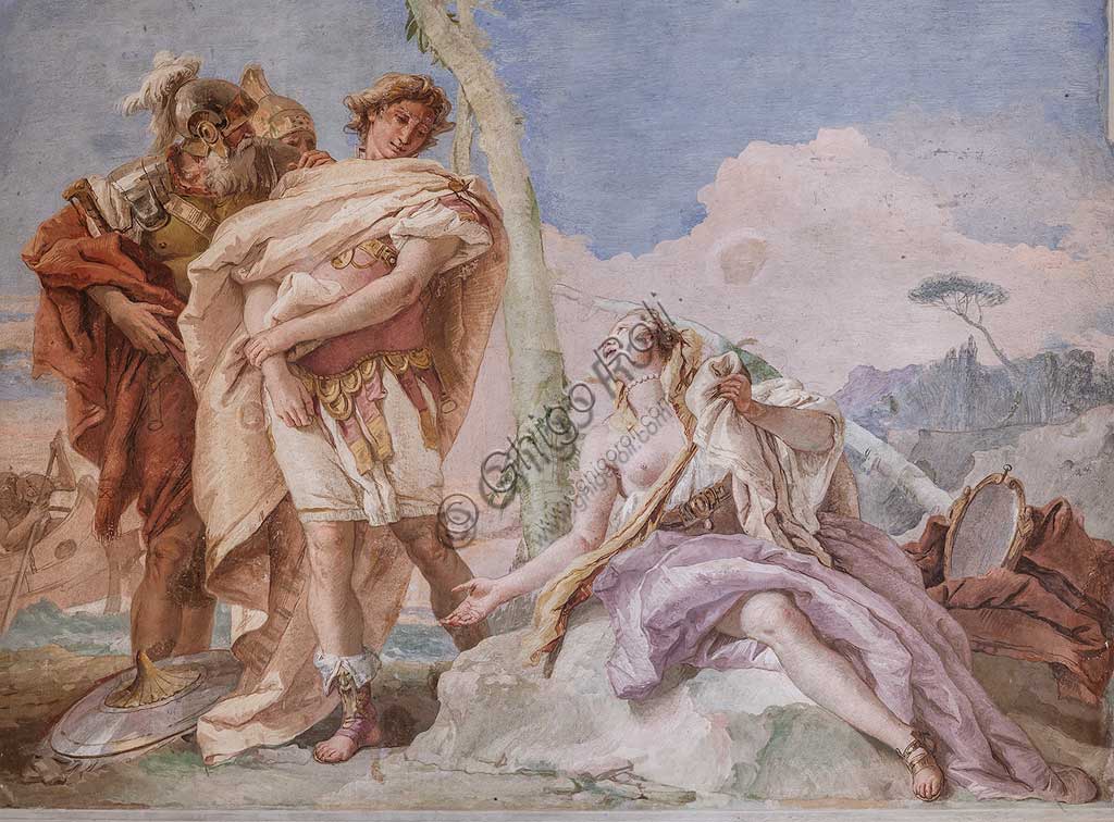 Vicenza, Villa Valmarana ai Nani, Palazzina: veduta della quarta stanza o stanza del Tasso, con episodi della "Gerusalemme liberata": "Rinaldo, scortato da Ubaldo e Carlo,  abbandona Armida". Affreschi di Giambattista Tiepolo, 1756 - 1757.