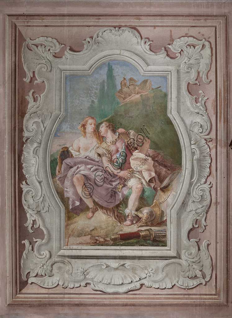 Vicenza, Villa Valmarana ai Nani, Palazzina (Small Building): view of the fourth room or of Torquato Tasso, with freescoes representing episodes of "Jerusalem Delivered": "Rinaldo and Armida in the enchanted garden, secretely observed by Ubaldo and Carlo". Frescoes by Giambattista Tiepolo, 1756 - 1757.