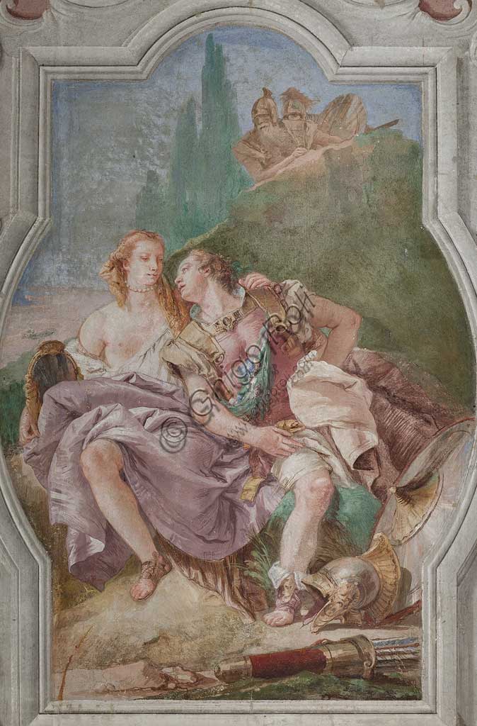 Vicenza, Villa Valmarana ai Nani, Palazzina (Small Building): view of the fourth room or of Torquato Tasso, with freescoes representing episodes of "Jerusalem Delivered": "Rinaldo and Armida in the enchanted garden, secretely observed by Ubaldo and Carlo". Frescoes by Giambattista Tiepolo, 1756 - 1757.