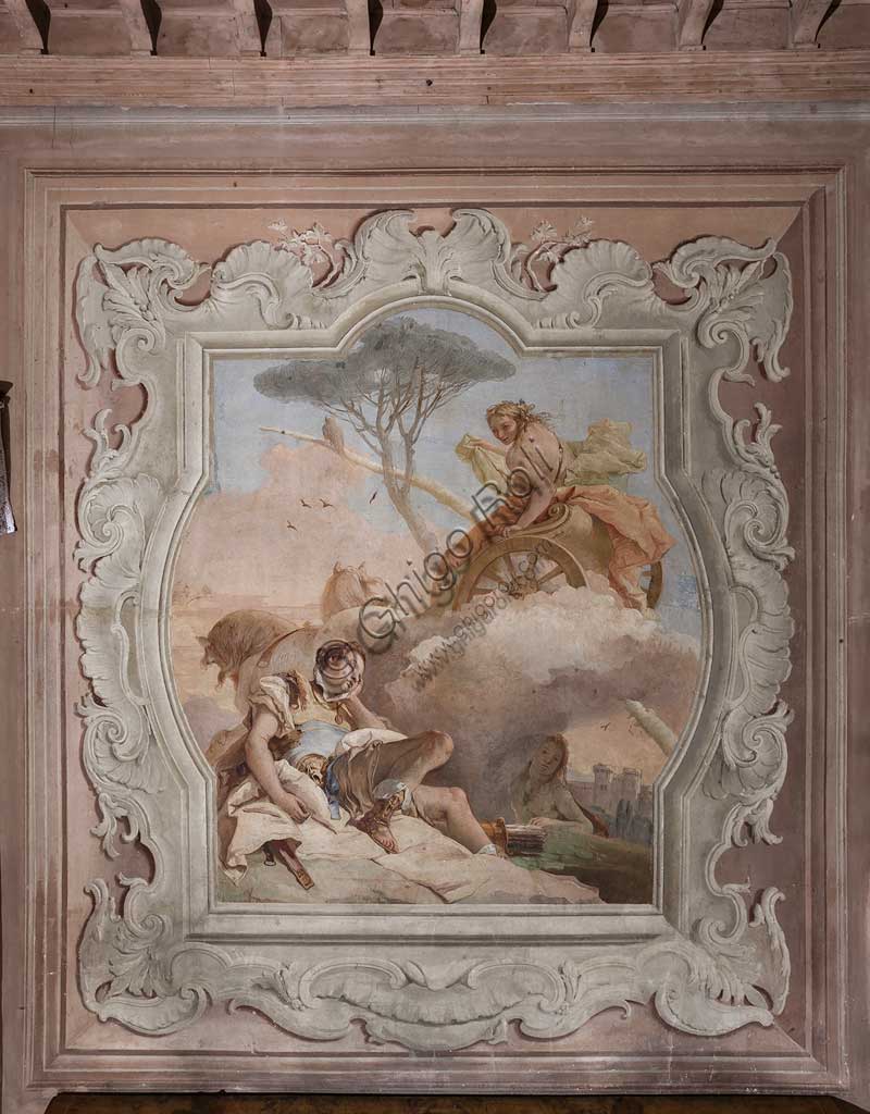 Vicenza, Villa Valmarana ai Nani, Palazzina (Small Building): view of the fourth room or of Torquato Tasso, with freescoes representing episodes of "Jerusalem Delivered": "The witch Armida sees Rinaldo, who is asleep, and falls in love with him". Frescoes by Giambattista Tiepolo, 1756 - 1757.