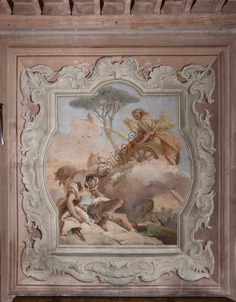 Vicenza, Villa Valmarana ai Nani, Palazzina: veduta della quarta stanza o stanza del Tasso, con episodi della "Gerusalemme liberata": "La maga Armida vede Rinaldo addormentato e se ne innamora". Affreschi di Giambattista Tiepolo, 1756 - 1757.