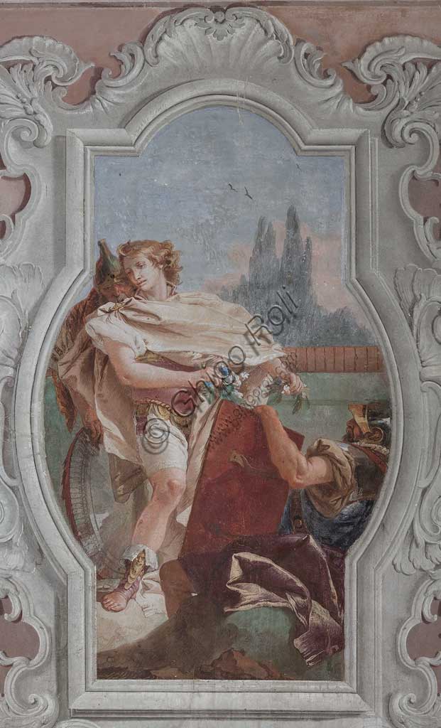 Vicenza, Villa Valmarana ai Nani, Palazzina (Small Building): view of the fourth room or of Torquato Tasso, with freescoes representing episodes of "Jerusalem Delivered": "The companions hold the mirror in front of Rinaldo". Frescoes by Giambattista Tiepolo, 1756 - 1757.