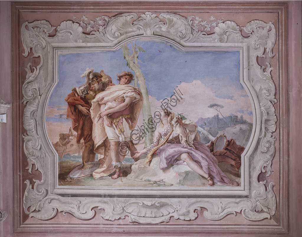 Vicenza, Villa Valmarana ai Nani, Palazzina: veduta della quarta stanza o stanza del Tasso, con episodi della "Gerusalemme liberata": "Rinaldo, scortato da Ubaldo e Carlo,  abbandona Armida". Affreschi di Giambattista Tiepolo, 1756 - 1757.