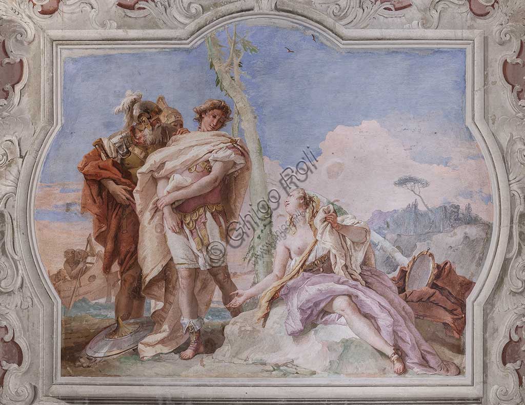 Vicenza, Villa Valmarana ai Nani, Palazzina: veduta della quarta stanza o stanza del Tasso, con episodi della "Gerusalemme liberata": "Rinaldo, scortato da Ubaldo e Carlo,  abbandona Armida". Affreschi di Giambattista Tiepolo, 1756 - 1757.