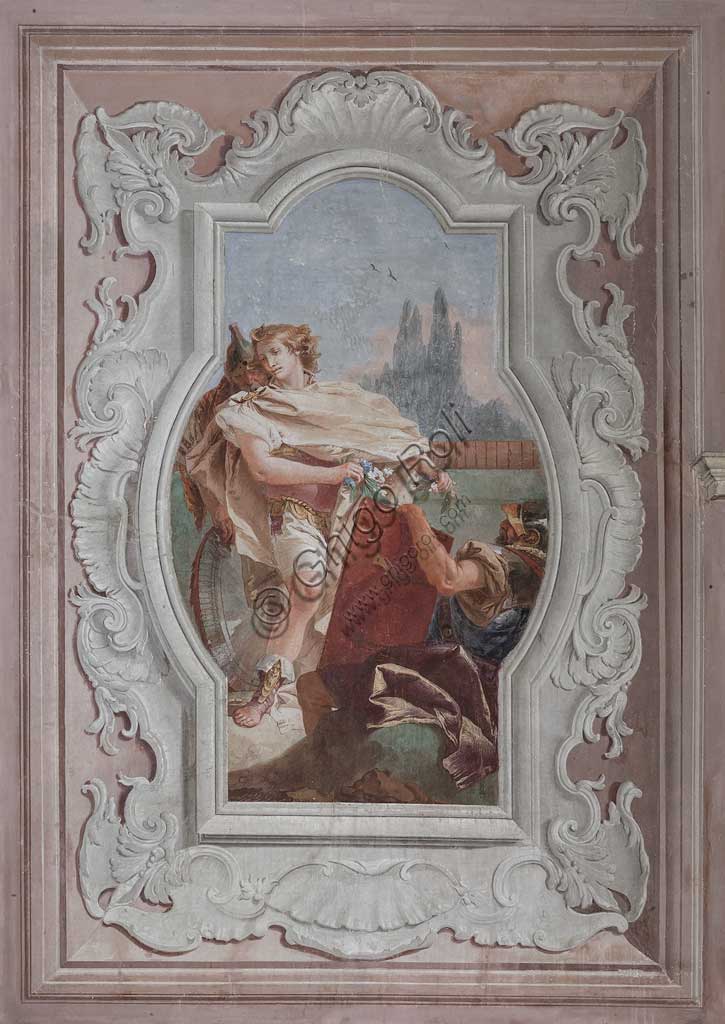 Vicenza, Villa Valmarana ai Nani, Palazzina (Small Building): view of the fourth room or of Torquato Tasso, with freescoes representing episodes of "Jerusalem Delivered": "The companions hold the mirror in front of Rinaldo". Frescoes by Giambattista Tiepolo, 1756 - 1757.