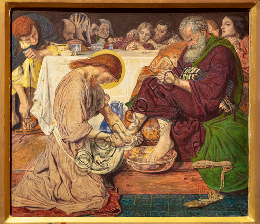  "Jesus washing Peter's feet",  (1857-8) by Ford Madox Brown (1821 - 93); watercolour on paper. The character holding his head in his hands is William Holman Hunt; the blond haired disciple is Dante Gabriel Rossetti.
