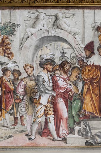  Cremona, Duomo (the Cathedral of S. Maria Assunta), interior, presbytery, twelfth arch: on the left "Jesus in front of Pontius Pilate",  fresco by Girolamo Romanino, 1519.