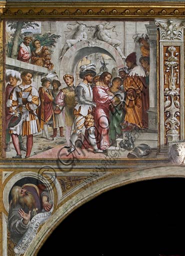  Cremona, Duomo (the Cathedral of S. Maria Assunta), interior, presbytery, twelfth arch: on the left "Jesus in front of Pontius Pilate",  fresco by Girolamo Romanino, 1519.