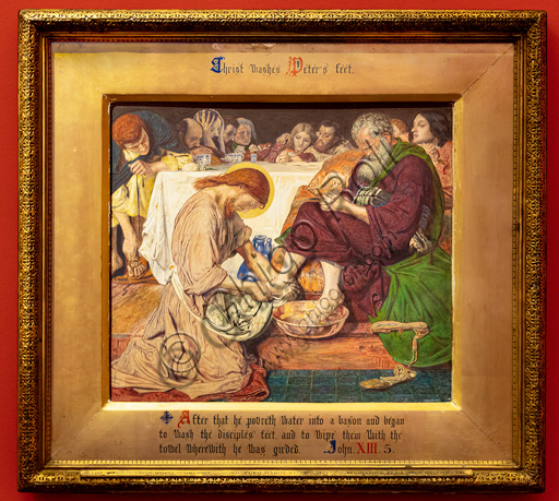  "Jesus washing Peter's feet",  (1857-8) by Ford Madox Brown (1821 - 93); watercolour on paper. The character holding his head in his hands is William Holman Hunt; the blond haired disciple is Dante Gabriel Rossetti.