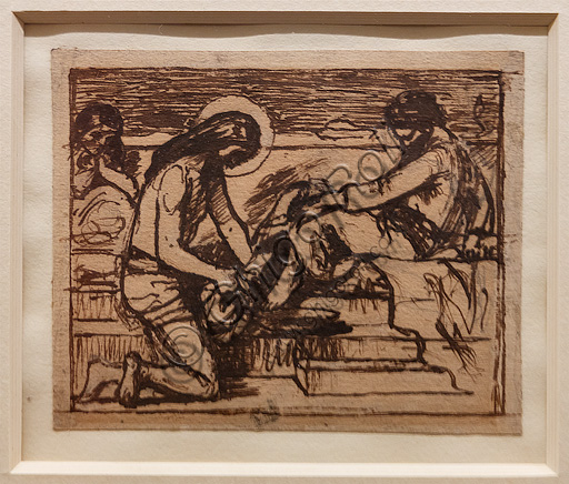  Sketch for "Jesus washing Peter's feet",  (1851) by Ford Madox Brown (1821 - 93); graphite and ink on paper.