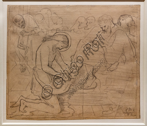  Sketch for "Jesus washing Peter's feet",  (1852) by Ford Madox Brown (1821 - 93); graphite on paper. On the left, the disciple removing his sandals and, on the right, the tormented Judas.