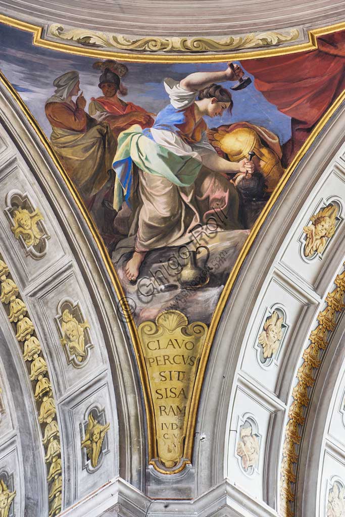 Rome, S. Ignazio Church, interior: detail of one of the pendentives of the false dome of the transept: "Jael killing Sisera ", fresco by Andrea Pozzo, 1685.