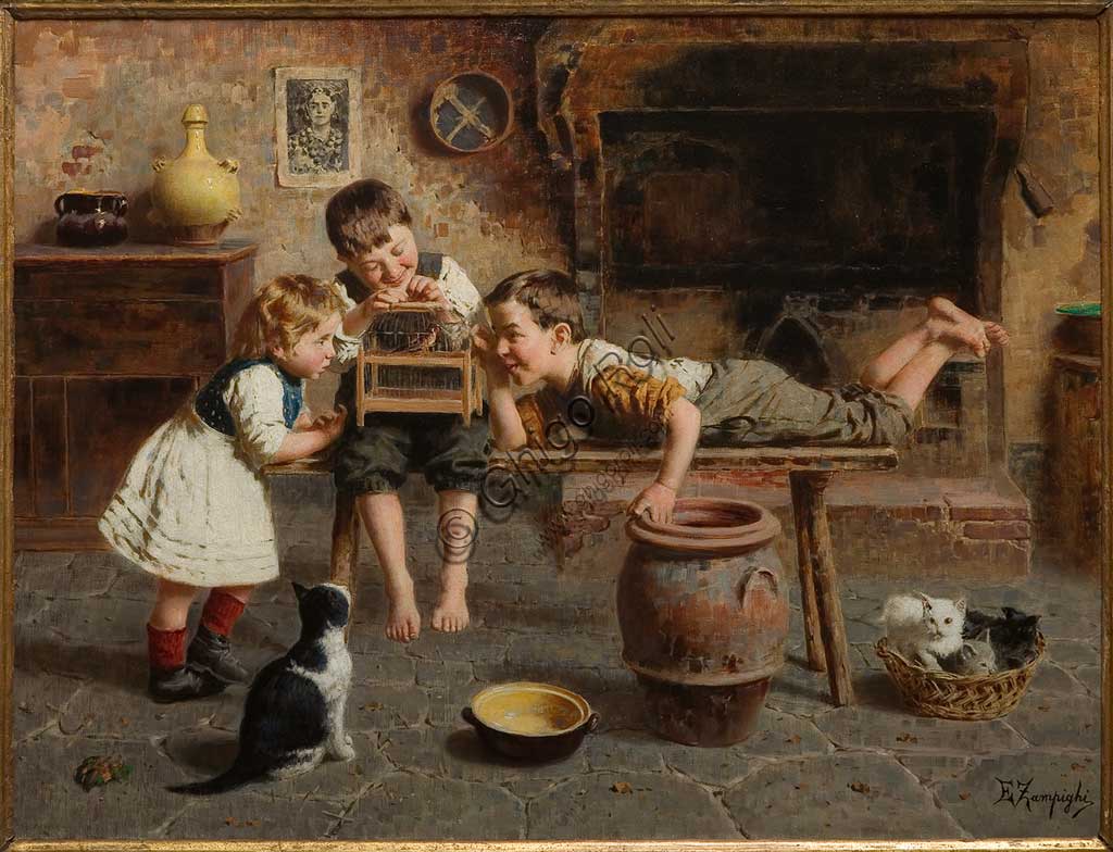 Collezione Assicoop - Unipol: "Giochi di bambini", di Eugenio Zampighi (1859 - 1944), olio su tela.