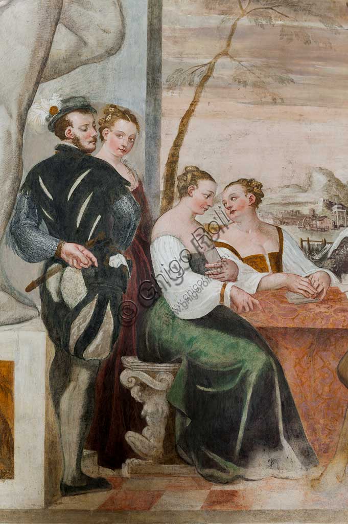 Caldogno, Villa Caldogno, salone:  "Gioco di Carte". Affresco di Giovanni Antonio Fasolo, ca. 1570. Particolare.