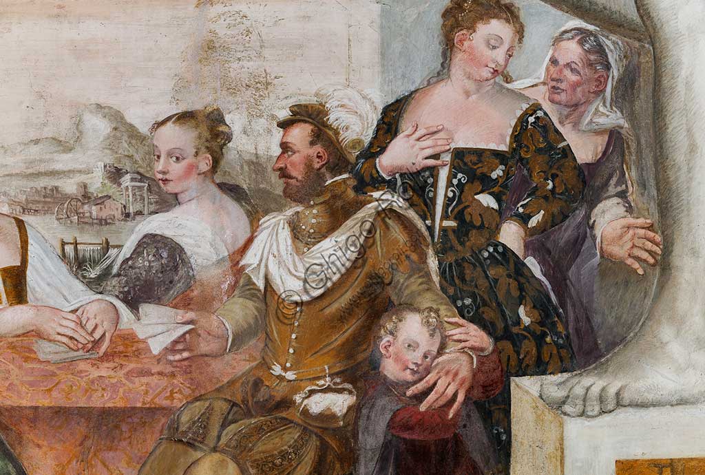 Caldogno, Villa Caldogno, salone:  "Gioco di Carte". Affresco di Giovanni Antonio Fasolo, ca. 1570. Particolare.