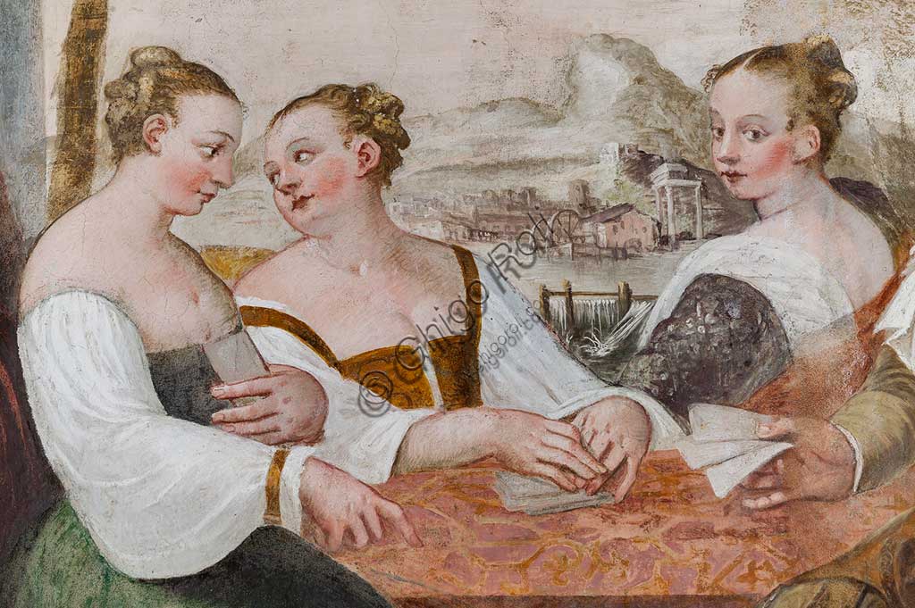 Caldogno, Villa Caldogno, salone:  "Gioco di Carte". Affresco di Giovanni Antonio Fasolo, ca. 1570. Particolare.