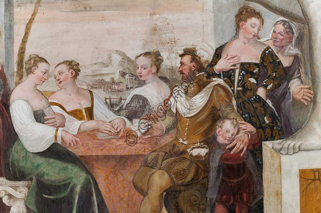 Caldogno, Villa Caldogno, salone:  "Gioco di Carte". Affresco di Giovanni Antonio Fasolo, ca. 1570. Particolare.