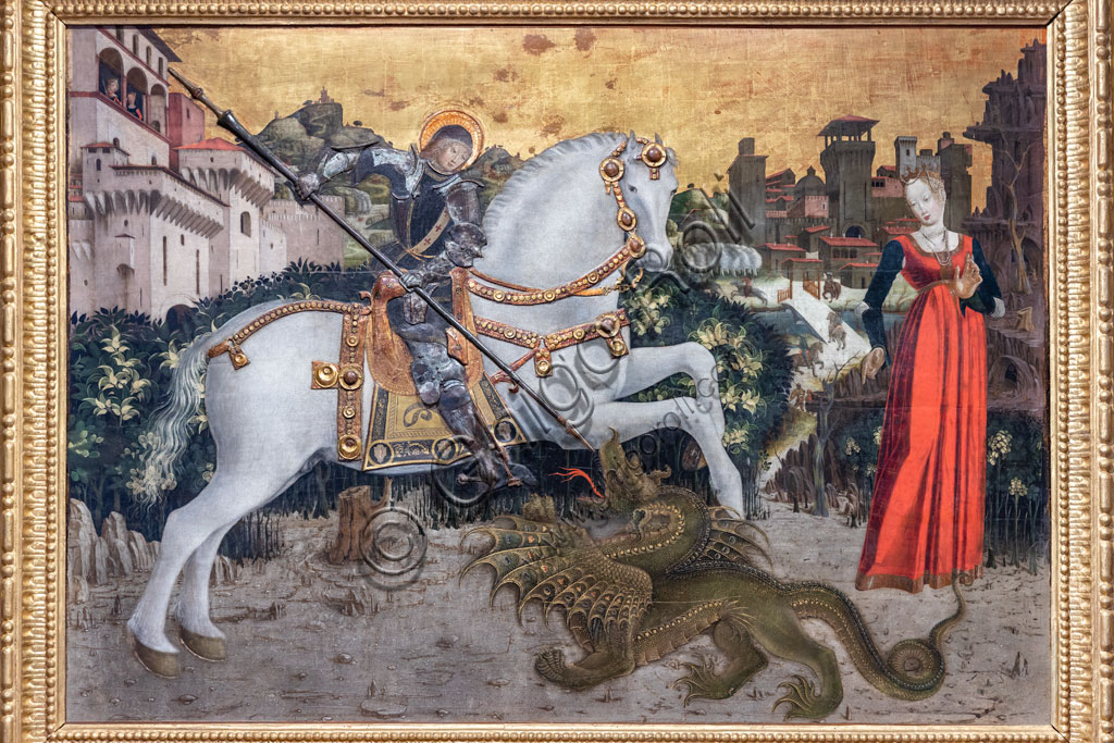 Brescia, Pinacoteca Tosio Martinengo: "S. Giorgio e il drago",, 1460 -5, di pittore bresciano? Tempera su tavola, oro a guazzo e lamina su argento.