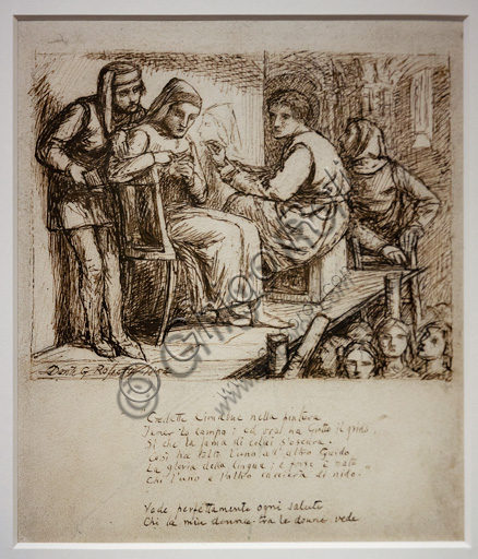 Studio per "Giotto dipinge il ritratto di Dante", (1852)  di Dante Gabriel Rossetti (1828-1882); inchiostro su carta.