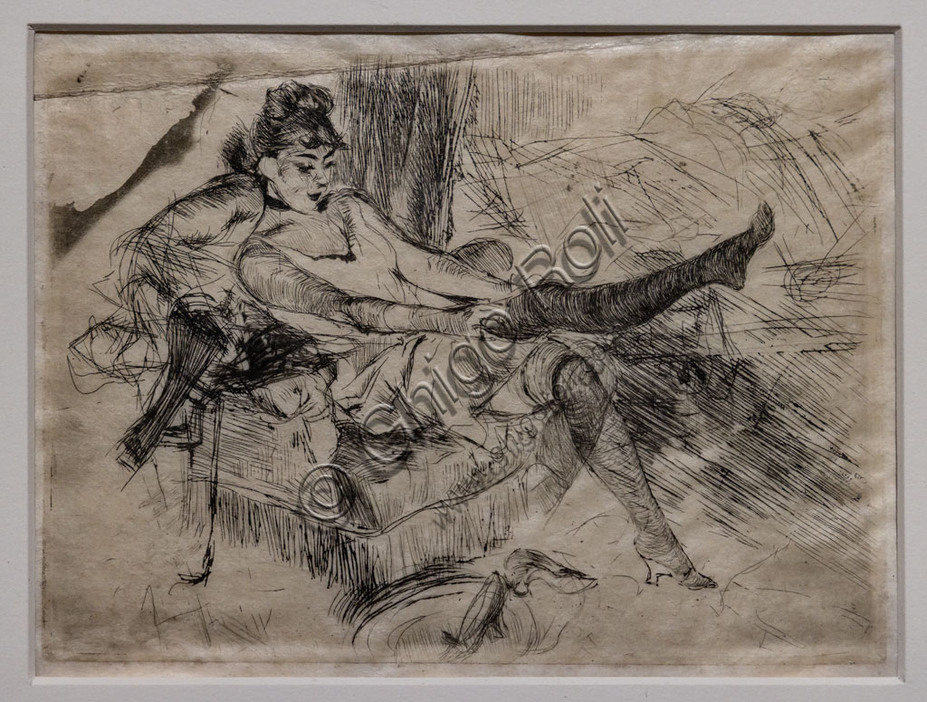 “A Young Woman  putting on her stockings”, by Giovanni Boldini, about 1890, drypoint and etching on parchment.