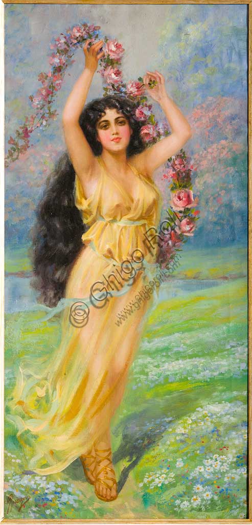 Collezione Assicoop - Unipol:  Giovanni Guerzoni (1876-1948), "Giovane ninfa". Olio su tela, cm 88 x 43.