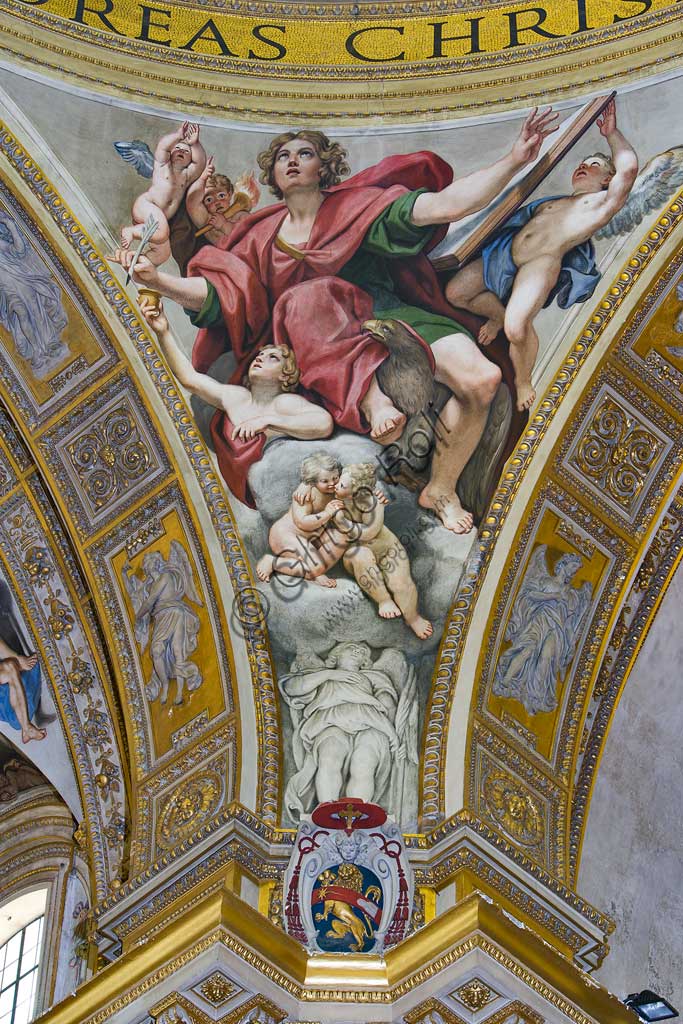 Basilica di S. Andrea della Valle, pennacchi della cupola del transetto: "S. Giovanni evangelista".  Affresco del Domenichino (Domenico Zampieri), 1622 - 28.